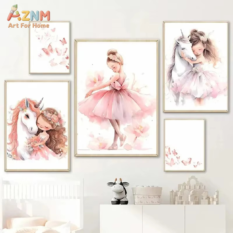 Baby Unicorn Nursery - 1PC,Pink Ballerina Girl Unicorn Butterfly Poster
