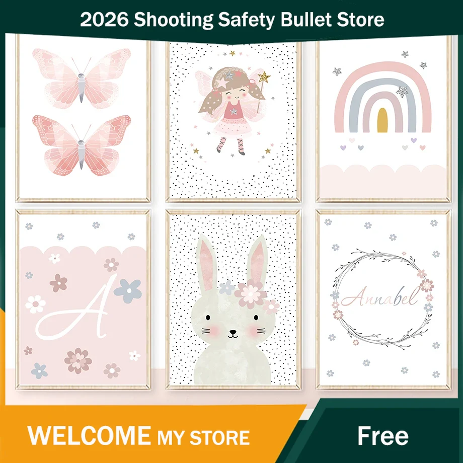 Baby Nursery Prints - Cute Girl Rabbit Flower Butterfly Rainbow