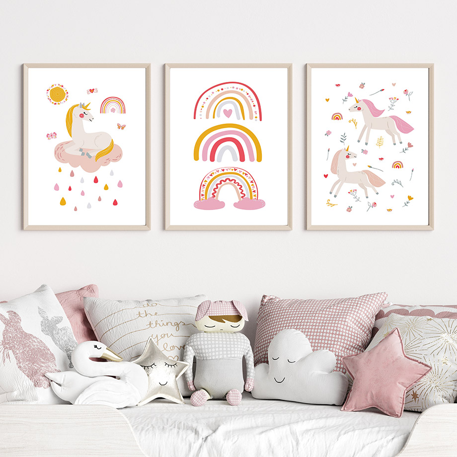 Baby Unicorn Nursery - Kawaii Cartoon Unicorn Rainbow Sun Cloud