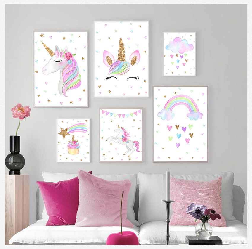 Baby Unicorn Nursery - Cute Canvas Painting Nordic Decoration Picture