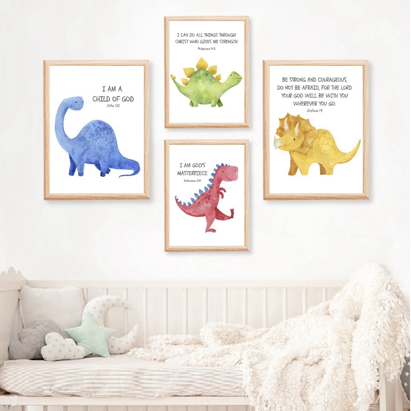 Baby Nursery Quotes Wall Art - Kid's Bible Verse Quote Prints Dinosaur