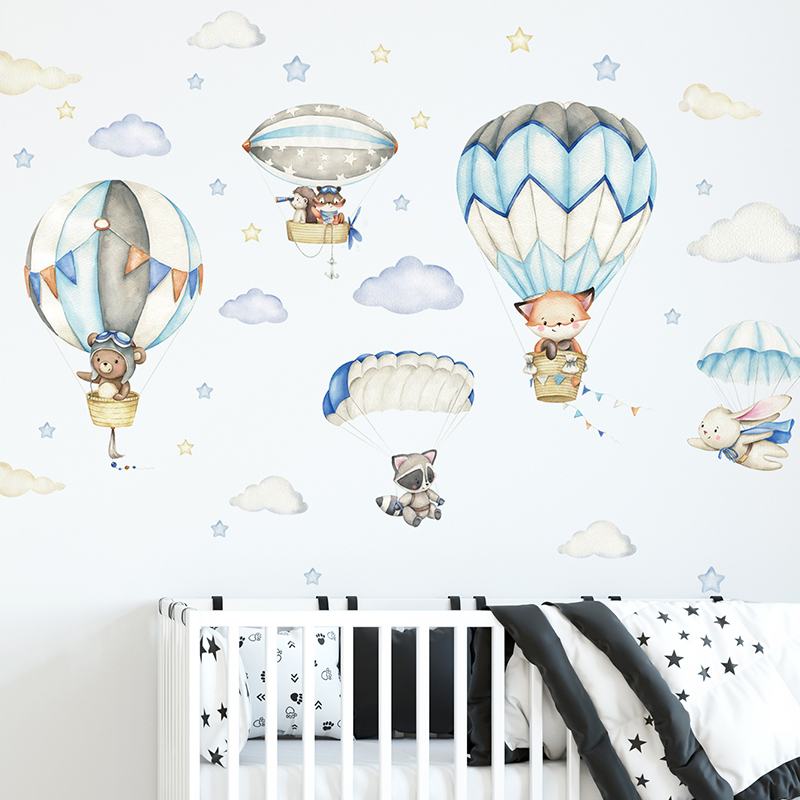 Baby Nursery Wall Stickers - Cartoon Cute Animals Hot Air Balloon