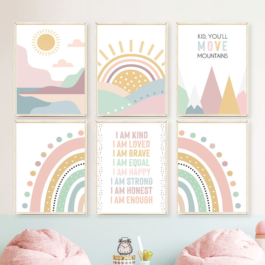 Baby Nursery Quotes Wall Art - Pink Mountain Sun Rainbow Quote Bohemian