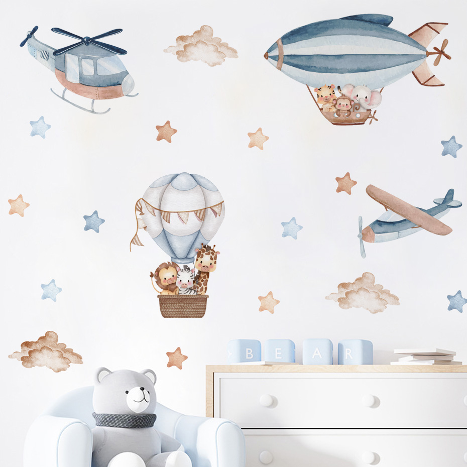 Baby Nursery Wall Stickers - Watercolor Animals Hot Air Balloon Clouds