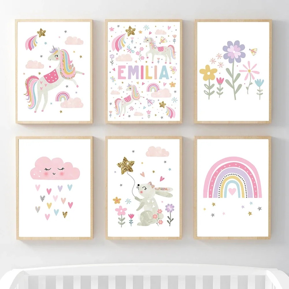 Baby Unicorn Nursery - Pink Unicorn Rabbit Rainbow Cloud Flower