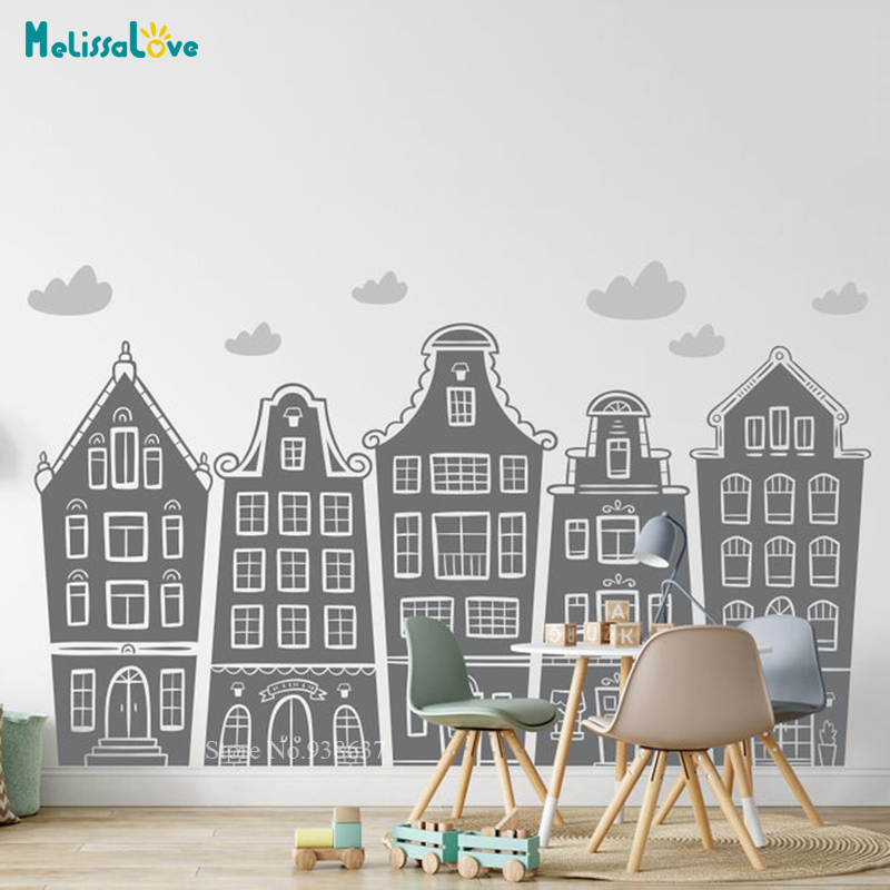 Baby Nursery Wall Stickers - Scandinavian Houses & Clouds Decal Nursery