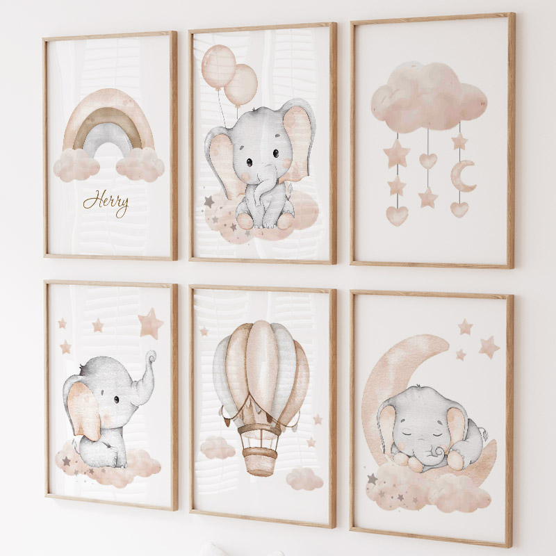 Baby Nursery Prints - Cute Elephant Hot Balloon Moon Rainbow