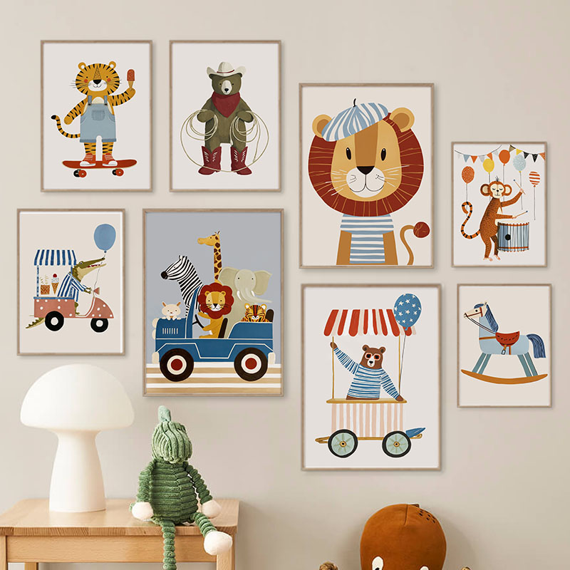 Baby Nursery Prints - Funny Cartoon Animal Car Balloon Nursery