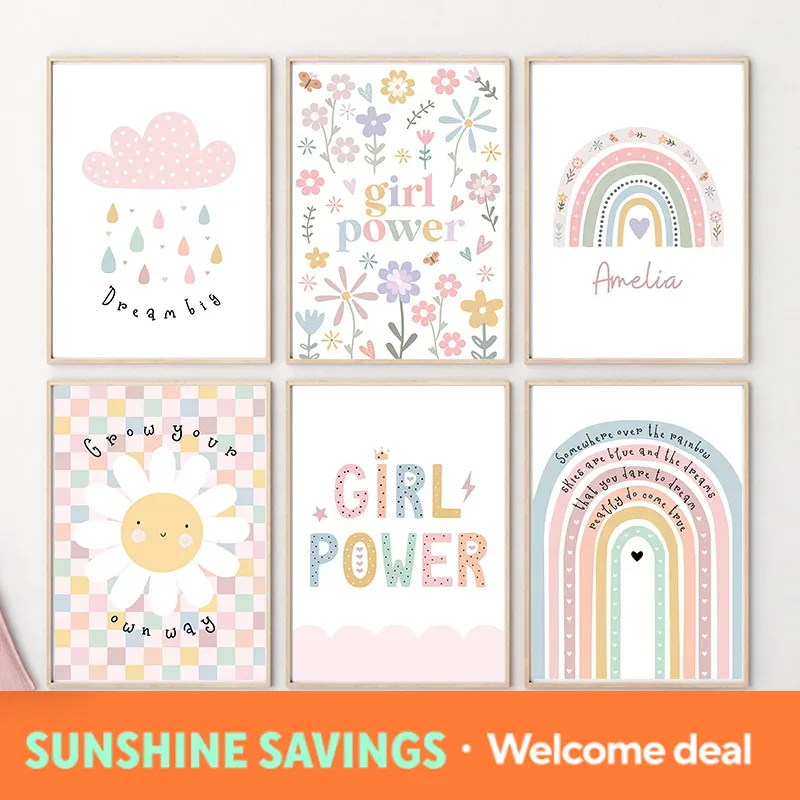 Baby Nursery Prints - Sun Flower Rainbow Cloud Heart Nursery