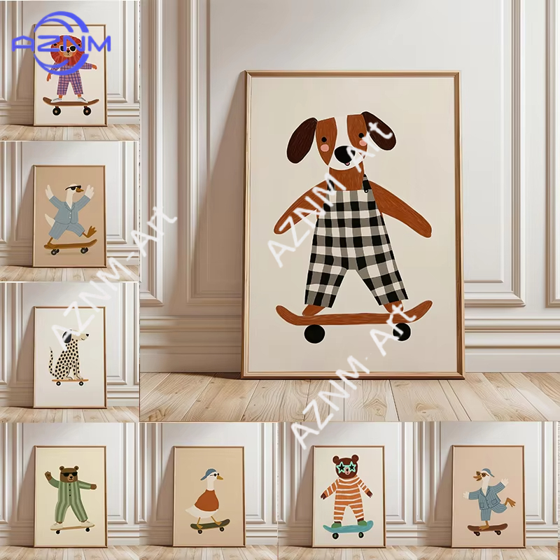 Baby Nursery Prints - 1PC Funny Animal Skateboarding Poster Trendy