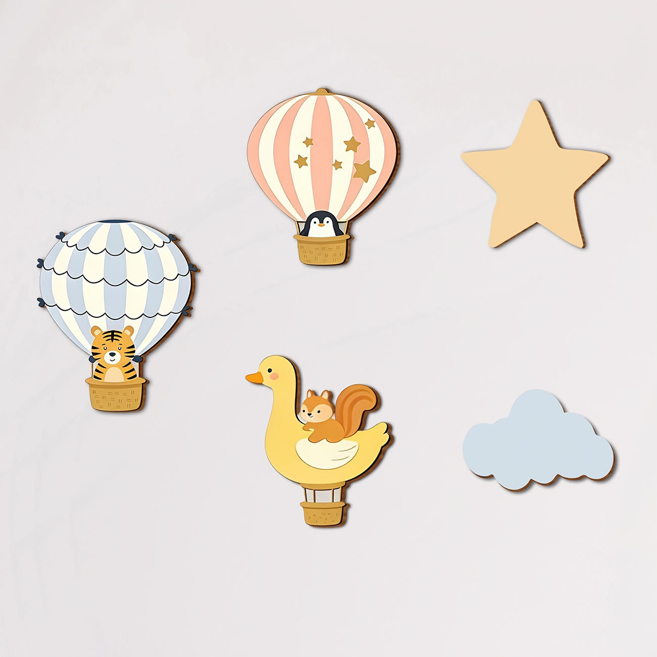 Baby Nursery Wall Stickers - 5Pcs Animal Hot Air Balloon Wooden