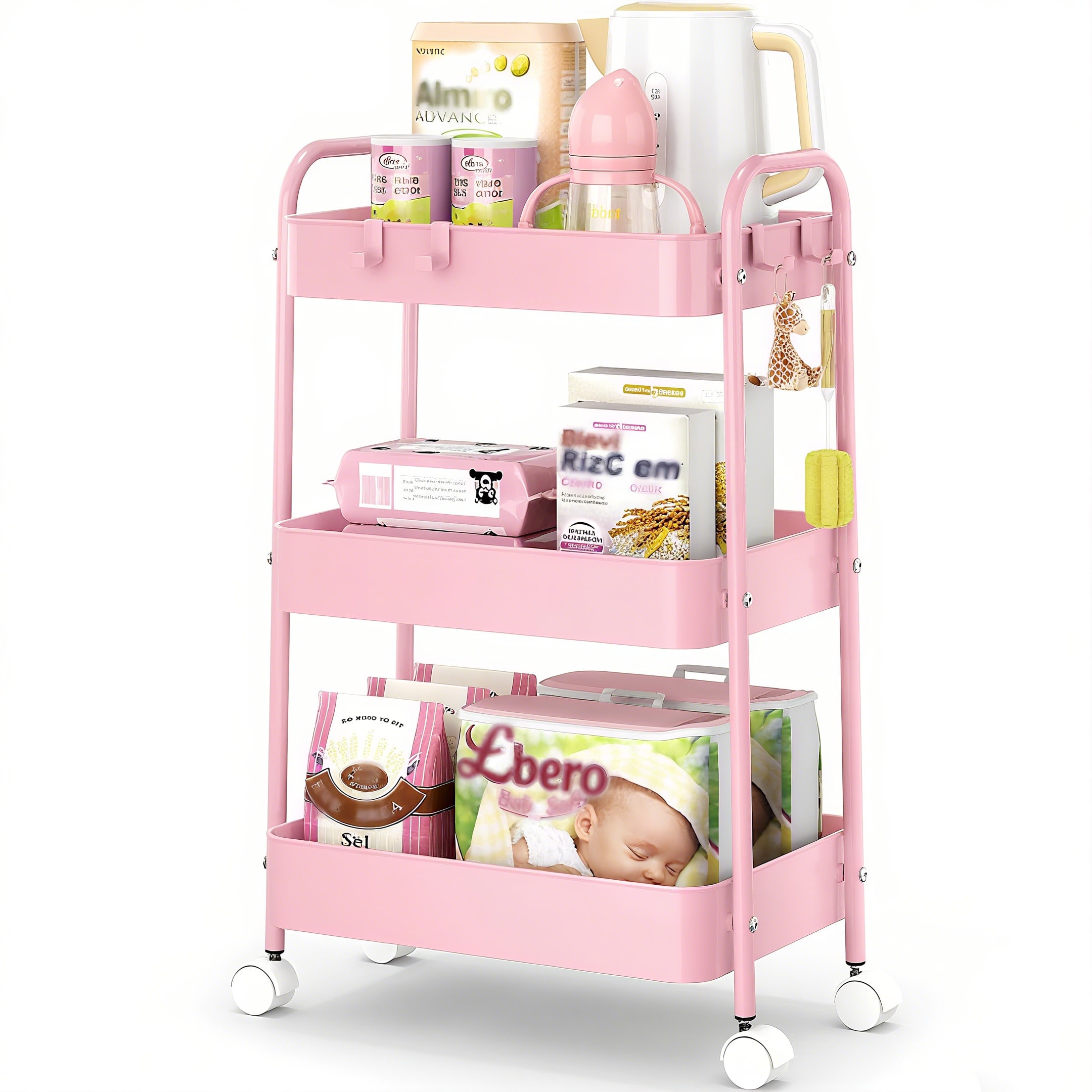 3 Tier Metal Rolling Cart With - Baby Nursery Basket 评论和价格