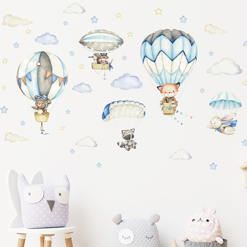 Cartoon Cute Animals Hot Air B - Baby Nursery Wall Stickers 评论和价格
