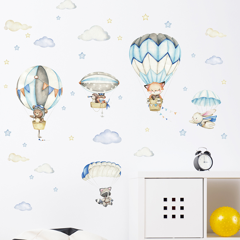 Cartoon Cute Animals Hot Air B - Baby Nursery Wall Stickers 评论和价格