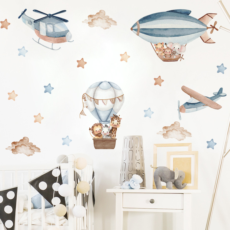 Watercolor Animals Hot Air Bal - Baby Nursery Wall Stickers 评论和价格