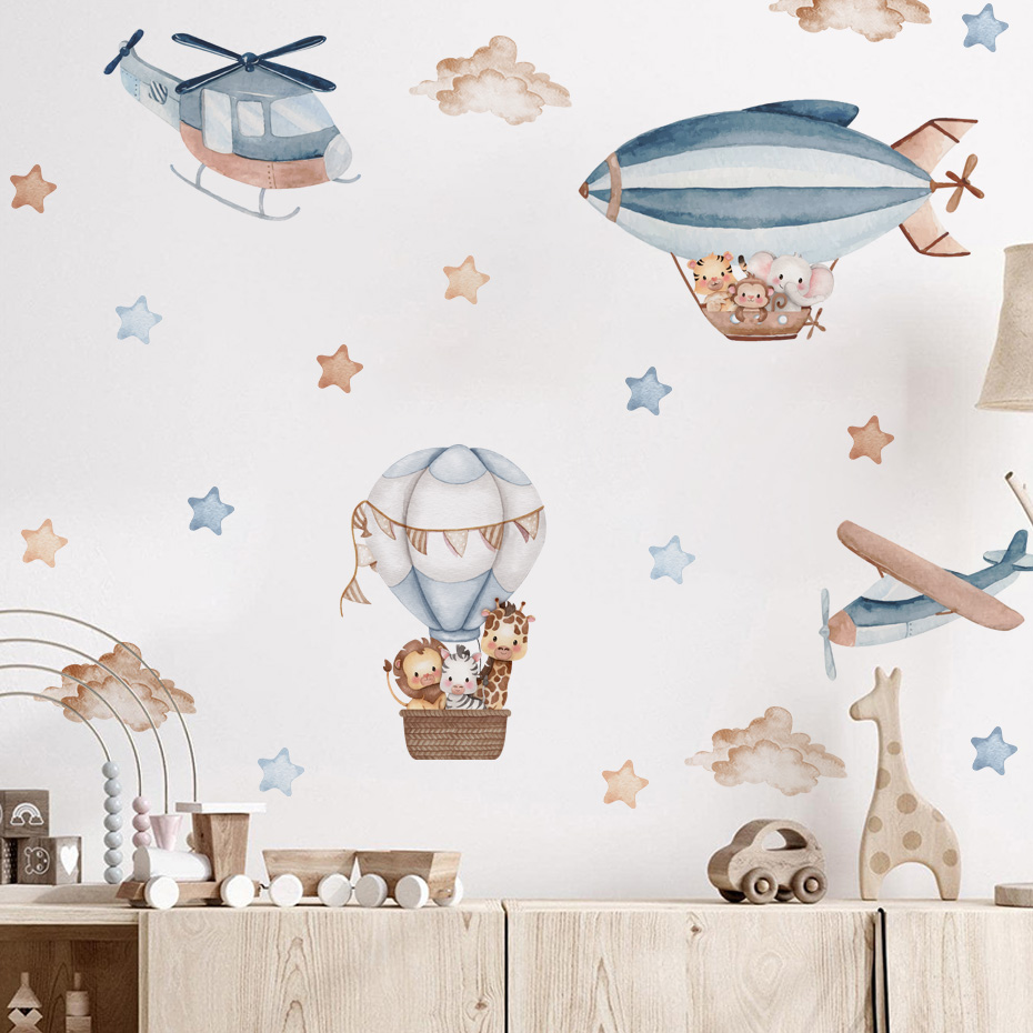 Watercolor Animals Hot Air Bal - Baby Nursery Wall Stickers 评论和价格