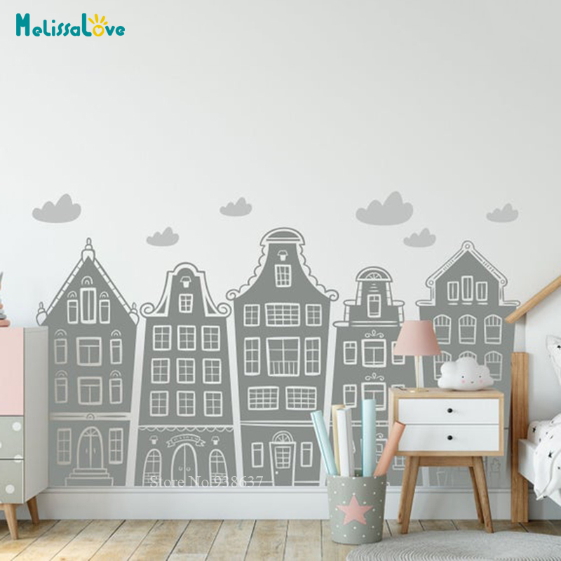 Scandinavian Houses & Clouds D - Baby Nursery Wall Stickers 评论和价格