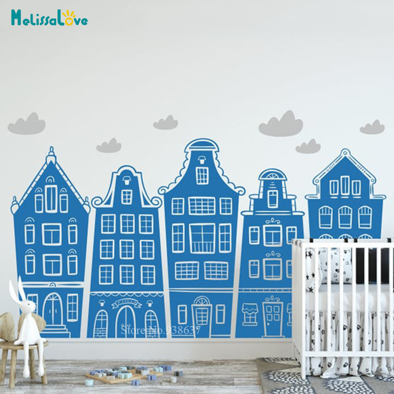 Scandinavian Houses & Clouds D - Baby Nursery Wall Stickers 评论和价格