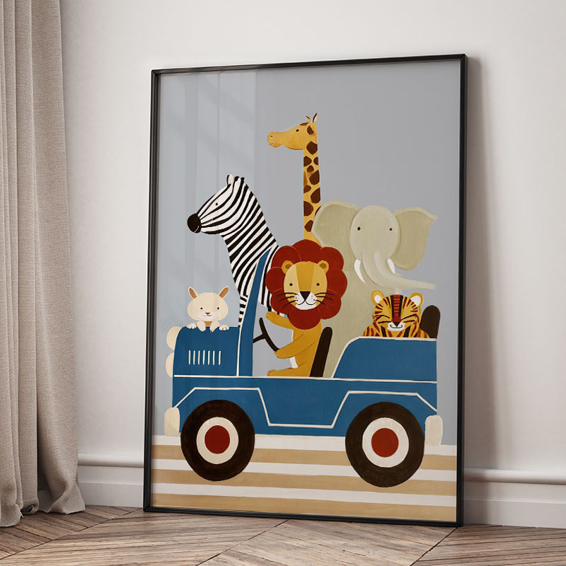 Funny Cartoon Animal Car Ballo - Baby Nursery Prints 评论和价格