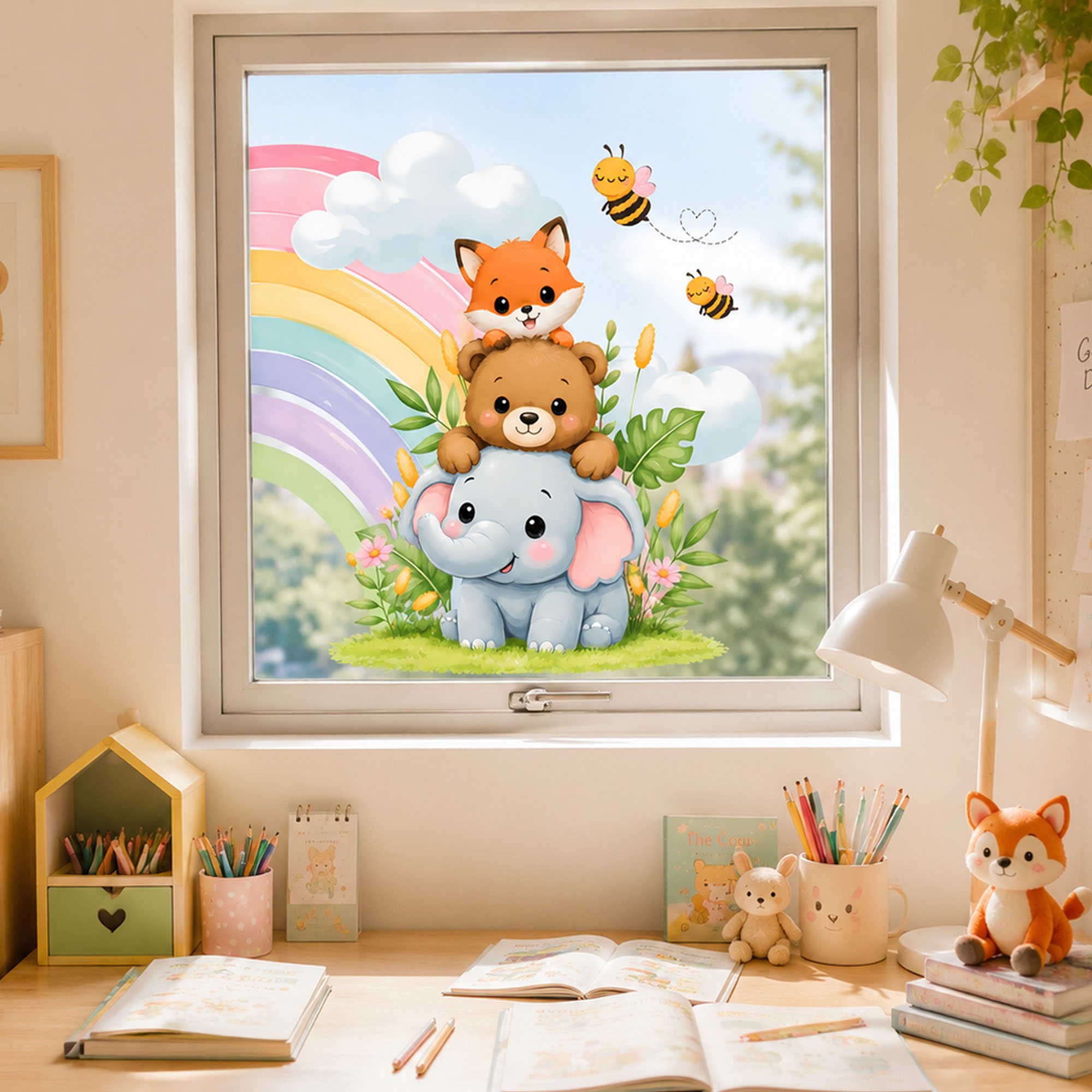 Cute Elephant Bear Fox Window  - Baby Nursery Wall Stickers 评论和价格