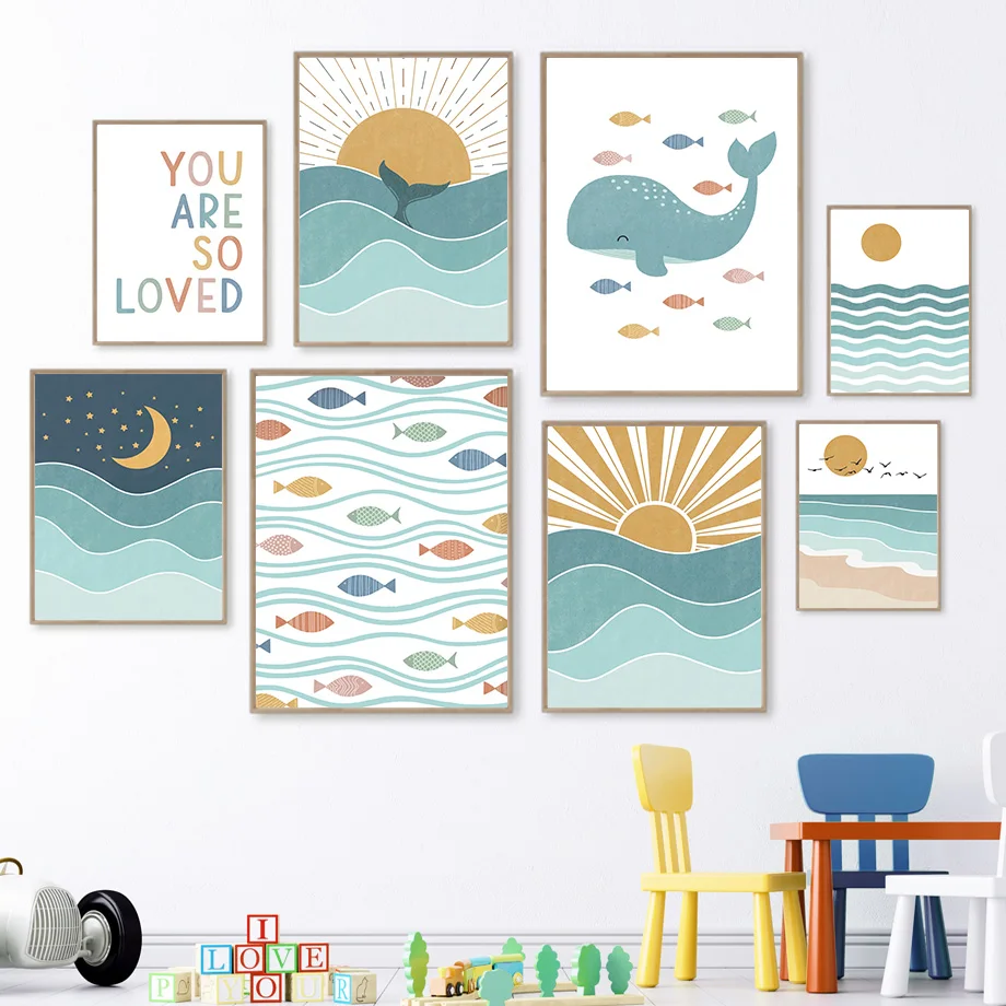 1pc frameless Fish Whale Seagu - Baby Nursery Quotes Wall Art 评论和价格