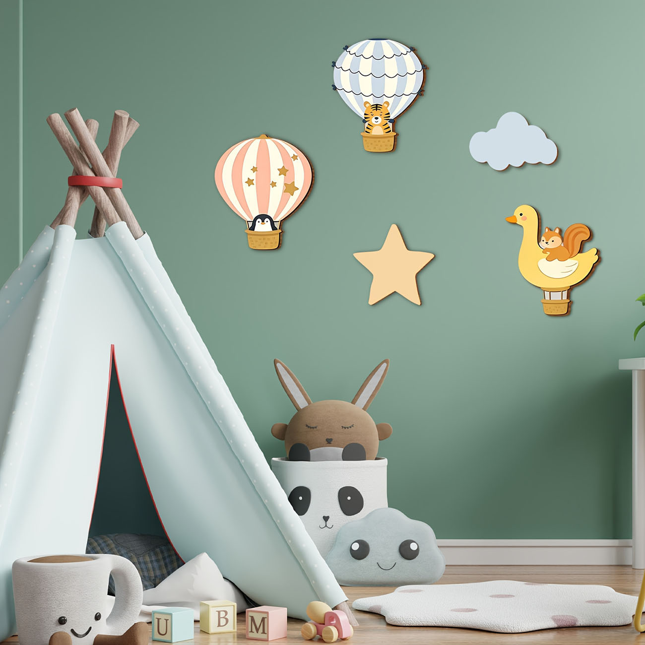 5Pcs Animal Hot Air Balloon Wo - Baby Nursery Wall Stickers 评论和价格